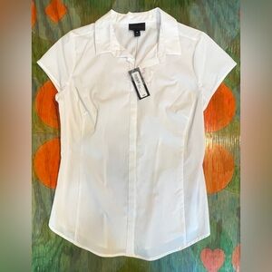 Worthington M Short Sleeve Blouse White Pullover Cotton Polyester Spandex NEW